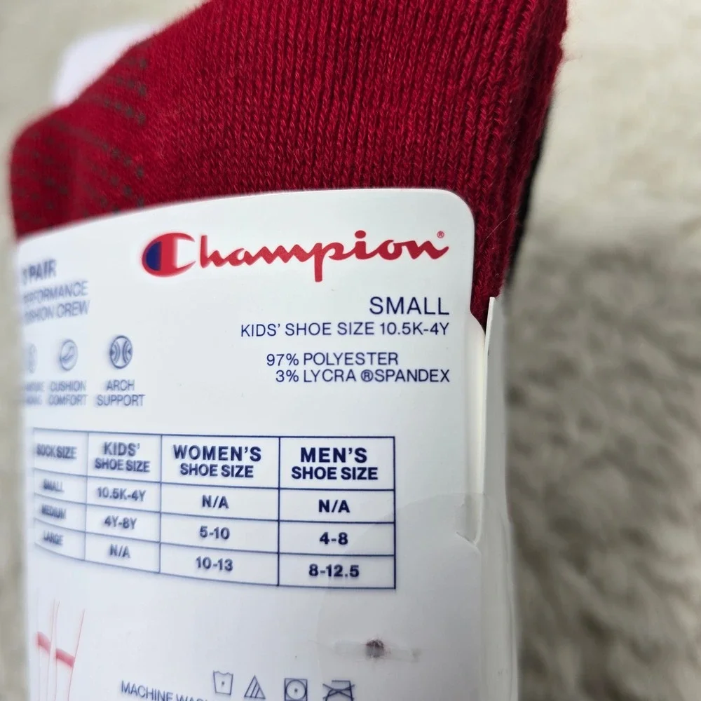 Champion Crew Socks Kids Small Black Red White 3 Pair Performance 10.5K-4Y‎ New